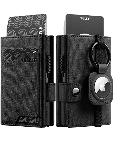 VULKIT Cartera Airtag Hombre RFID Bloqueo Carteras Tarjetero Hombre con Compartimento Billetes Billeteras para Hombre con Llavero Extraible, Negro