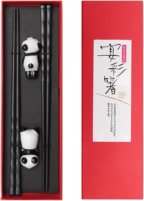 2 Pairs Black Reusable Bamboo Knot Chopsticks & Panda Chopstick Holder Non-Slip Chinese Chopsticks Japanese Chopsticks Set Gift for Friends, Family