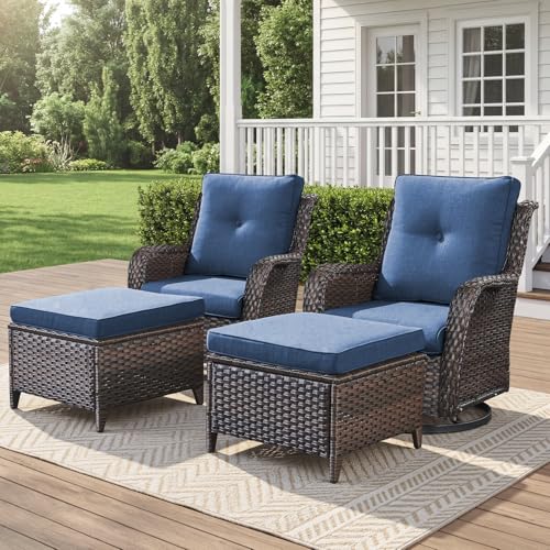 4 Pieces Patio Furniture Set: Wicker Swivel Chairs with Ottomans