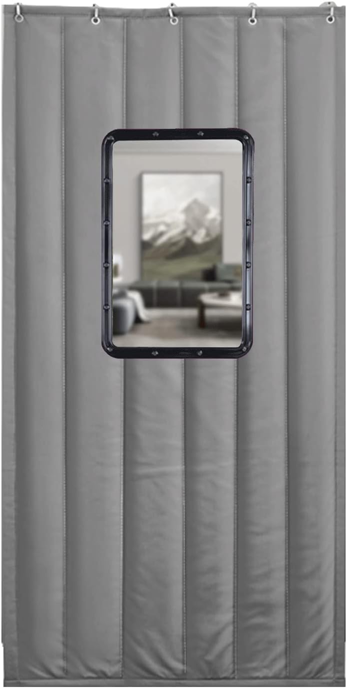Home Thermal Insulated Door Curtain Winter Thick Cotton Door Curtains, Household Shopping malls Supermarket Cold Storage Insulation partition Curtains 80cm*220cm31.5x86.61in Grey（withwindow）