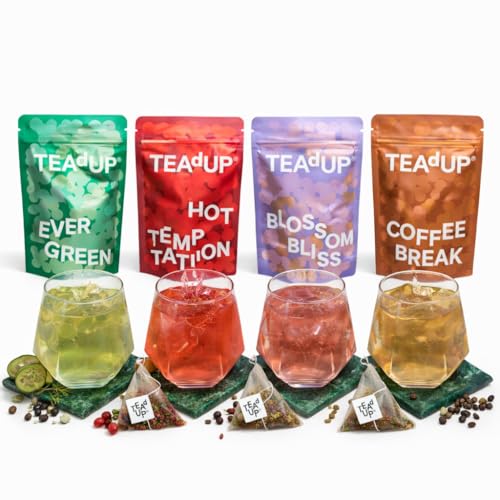 TEAdUP® Gin Botanicals Geschenkset – 20 BoozyBags für Gin & Tonic & Vodka – 4 Sorten (Gurke Minze, Himbeere Chili, Lavendel Rose, Kaffee Kakao)
