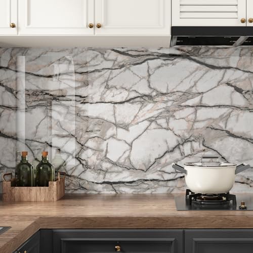 HotDecor Grey Marble Wallpaper Washable Kitchen Wallpaper Retro Marble Vinyl Wrap for Furniture Cupboard Kitchen Worktop Covering Peel and Stick Crack Pattern Wall Paper Roll Living Room 60cm X 300cm