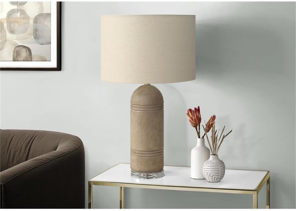 Pemberly Row 28" Resin Table Lamp, Light Brown Stone-Look Finish, Beige Fabric Shade, 3-Way Switch, Contemporary Design for Living Room, Bedroom, or Office Lighting, 16" L x 16" W x 28" H