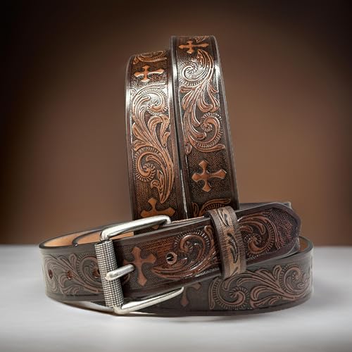 Cross Western Leather Belt for Men Tooled Full Grain Cowhide Leather Handmade Cowboy Belt with Buckle 1.5” Wide4