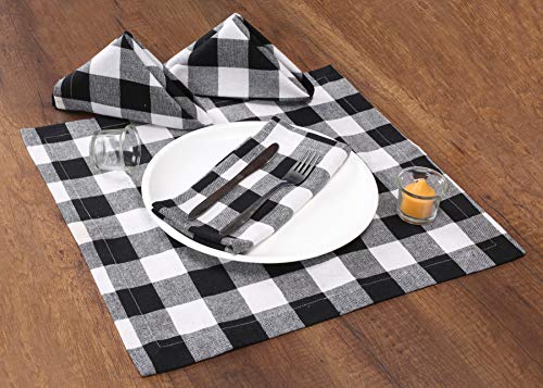 Farmhouse Cloth Napkin Set Of 12 100% Cotton Dinner Napkin Gingham Plaid Check Fabric Mitered Corners & Generous Hem Size 18"X 18" Color Black/White #TOP4