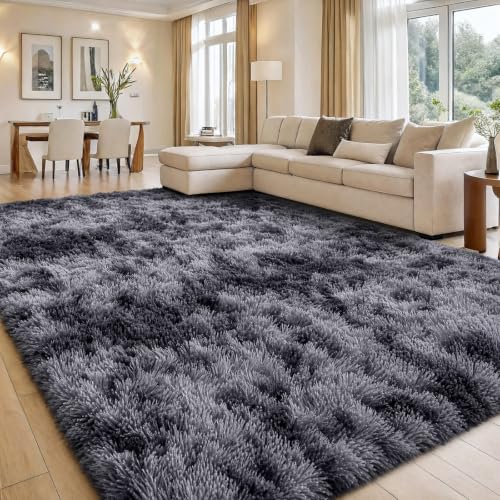 Image of smiry Rugs Living Room 80x150cm, Area Rugs for Bedroom, Machine Washable Anti Slip Soft Fluffy Shaggy Tie-dye Floor Carpet for Kids Girls and Boys, Nursery Room, Light Grey