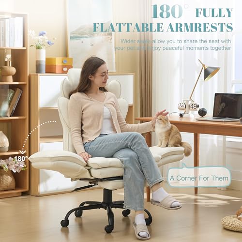 Image of Flip Armrests Criss Cross Office Chair, Reclining Office Chair with Foot Rest, Adjustable Headrest, Massage Waist Pillow, Cross Legged Big and Tall Desk Chair Wide Seat Vanity Chair, White PU Leather