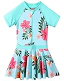 BAOHULU Toddler Girls Swimsuit One Piece Short Sleeve Floral Dress Swimwear 3-8 Years S386_CyanFlower_104/110