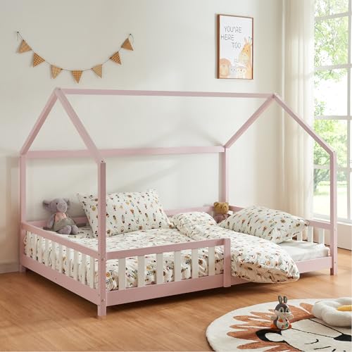 [en.casa] Cama para Niños Hesel Decrativa Cama Infantil Individual con Somier y Barandilla Estructura en Forma de Casa Estilo Montessori Madera de Pino 120 x 200 cm   Rosa