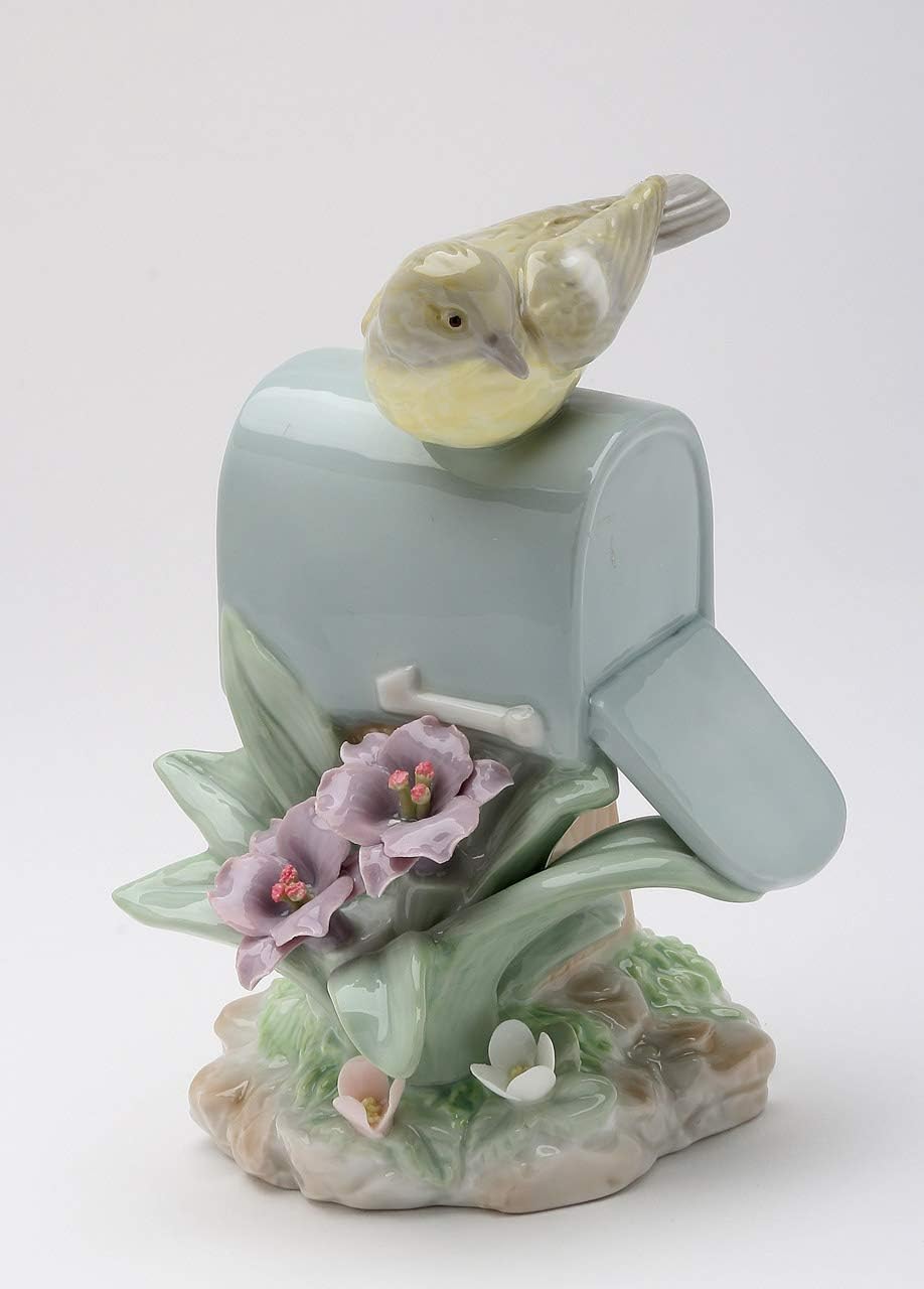 Fine Elegant Porcelain House Wren Warbler Bird on Mailbox with Purple Violet Flowers Night Light Figurine, 5-3/4" H
