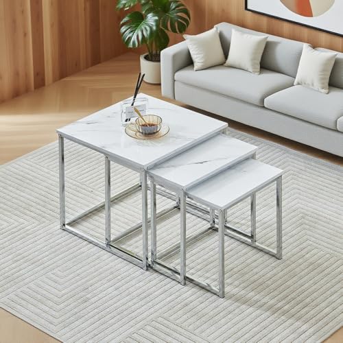 nozama Marble Nest of Tables Set of 3,Gloss White Nesting Tables,Sofa End Side Coffee Table for Small Space Living Room Bedroom