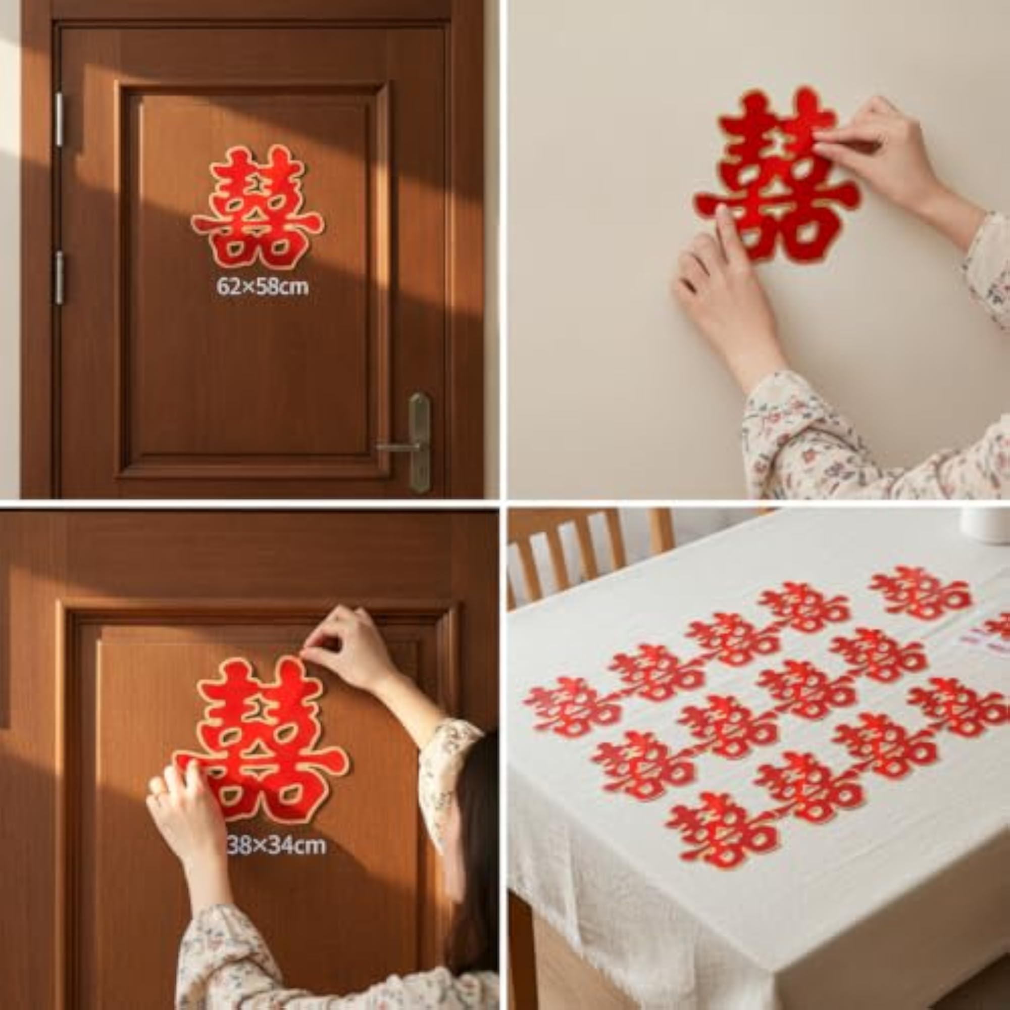 Large Flocked Double Happiness Door Sticker Set for Wedding Decor
