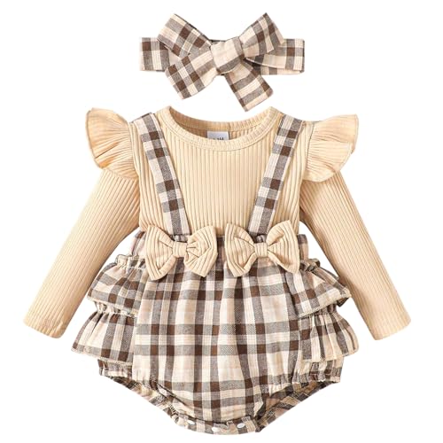 Baby Girl Fall Outfit Long Sleeve Ribbed Romper with Plaid Suspender Bloomers and Headband