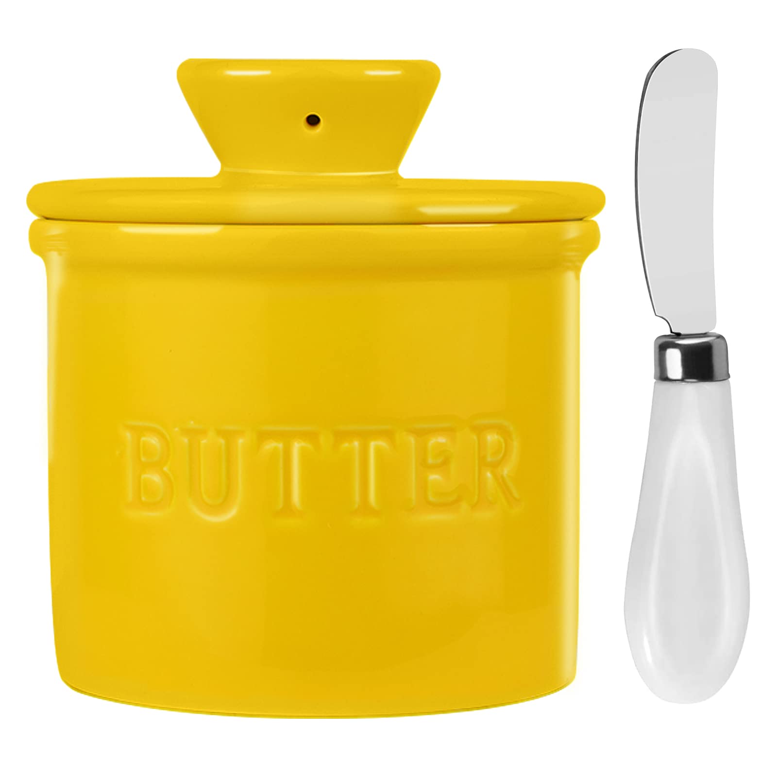 BofohoButter Crock, French Butter Dish for Spreadable Soft Butter, No More Cold & Hard Butter, Big Capacity Butter Holder with Lid and Knife, Ceramic Butter Dish Keeper for Countertop, Yellow