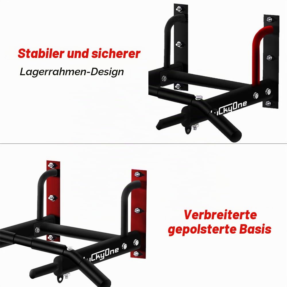 Luckyone Klimmzugstange Wandmontage, 3 Ösen für TRX & Boxsack 6 rutschfeste Griffe, extrem stabil, unzählige Pull Up Übungen, bis 200 kg