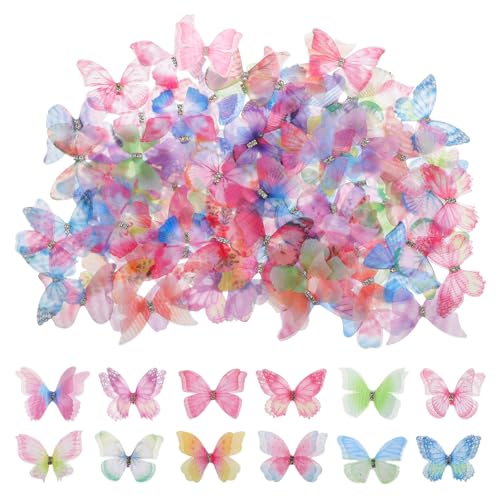 TIESOME 100 Stück 3D Schmetterlinge Organza,3D Bunte Schmetterling Aufkleber Mit Strasssteinen Transluzente Schmetterlinge Deko für DIY...