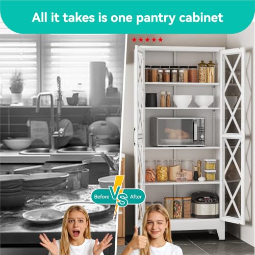 Image of Metal Storage Cabinet with Glass Doors and Adjustable Shelves | 71 inch Tall Pantry Cabinet for Kitchen Dining Room Bathroom Garage,White,1 Pce
