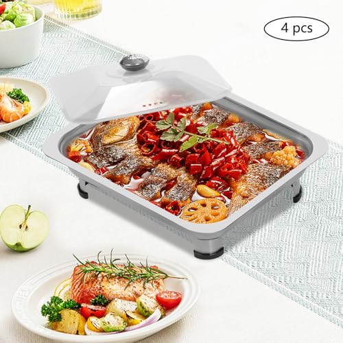 4-Piece Buffet Tray Set with Clear Lids 2.72QT Each 410 Stainless Steel Catering Serving Trays for Parties Stackable Rectangular Food Pans - Image 5