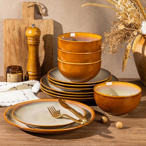 Image of LERATIO Ceramic Dinnerware Sets for 4, Coupe Plates and Bowls Sets,Highly Chip and Crack Resistant | Dishwasher & Microwave & Oven Safe Dishes set,Reactive Glaze Dinnerware- Service for 4(12pcs)