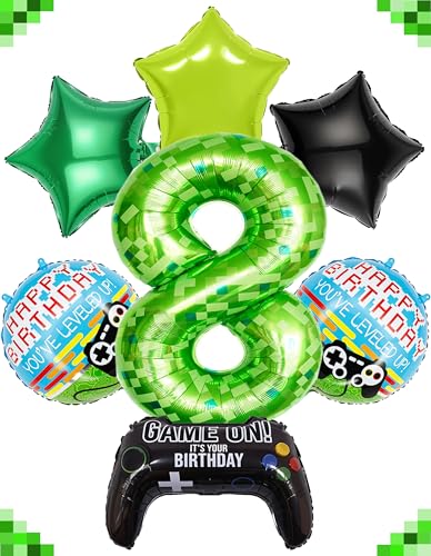 40 Inch Green Pixel Miner Number 8 Balloon Set, 7 Pcs
