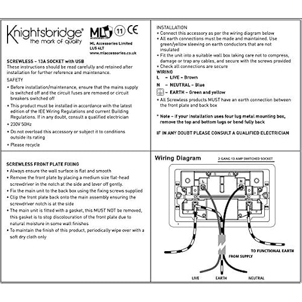 Knightsbridge SFR9224BN Skruvlös platt platt växeluttag med dubbel USB, 230 V, svart nickel
