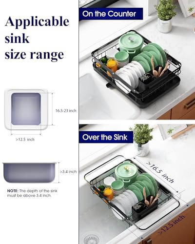 Kitsure Dish Drying Rack for Kitchen Counter, Stainless Steel Sink Organization and Storage Essentials with Cutlery Holder, Home and Appartment Decor, 12.2''W x 15.7''~23''L, Black