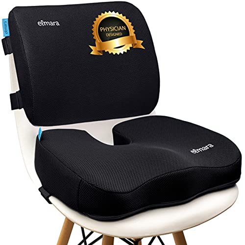 Elmara Lumbar Support Pillow & Coccyx Seat Cushion, Office Chair Seat Cushion Back Support Pillow for Chair, Memory Foam Desk Chair Cushion for Back Pain, Back Pillow for Office Chair (Black)