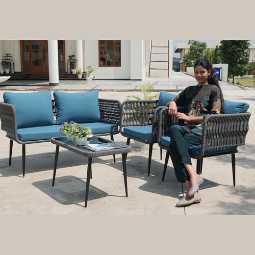 Image of LOCCUS 4-Piece Rope Sofa Set - Outdoor & Indoor Patio Furniture with Waterproof Cushions, Powder-Coated Iron Frame & Glass Top Table for Garden, Balcony [Grey & Blue]