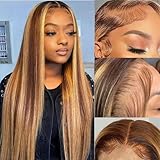 SUPERLOOK Honey Blonde Lace Front Wigs Human Hair 13x4 Ombre Lace Front Wig Human Hair 4/27 Highlight Lace Front Wigs Human Hair 200% Density HD Lace Frontal wig Pre Plucked With Baby Hair (20inch,4/27 13X4 Straight）
