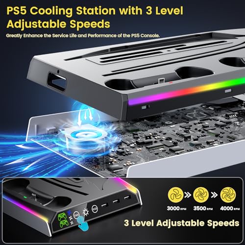 Image of Fenolical PS5 /PS5 Slim /Pro Stand with Adjustable Cooling Fan, Vertical PS5 Cooling Stand for PS5 /PS5 Slim /Pro, Multifunctional PS5 Cooling Station with Dual Controller Chargers and RGB Light