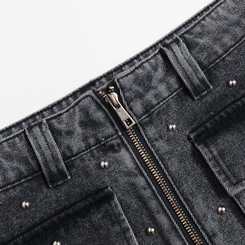 Women's Sparkly Rhinestone Zipper Front Denim Mini Skirt with Pockets3