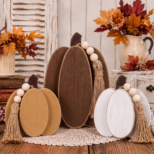 Leinuosen 3 Pcs Fall Pumpkin Decor Wooden Tabletop Pumpkin Sign, Brown