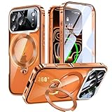 iPhone 17 Pro Max 用 両面 MagSafe対応 ケース アイフォン17プロマックス フルカバー 【90°確実に自立 × 360°回転】 ゼンマイ式スタンド 縦横多角度 Uovon スマホケース アイホン17プロマックス 全面保護 カバー ガラス CD紋リングスタンド ワイヤレス充電 車載ホルダー ロック機能 金属ボタン カメラレンズ保護 ・ オレンジ