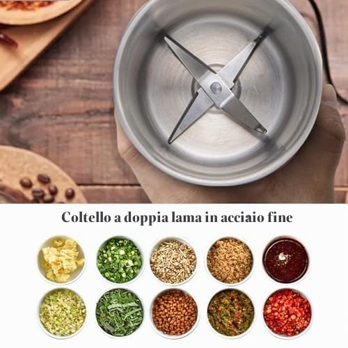Macinacaffè Elettrico, Macina Noci Multifunzione con Doppie Tazze e Motore Potente da 200 W, Macina Spezie Elettrico per Chicchi di caffè da Cucina, Spezie, Erbe, Noci, Grani, Semi