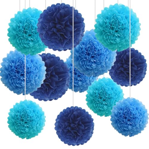 CC wonderland zone Lot de 12 Pompons Papier de Soie Bleu pour Décoration Suspendre de Plafond de Fête(Bleu Marine, Bleu et Bleu Clair)