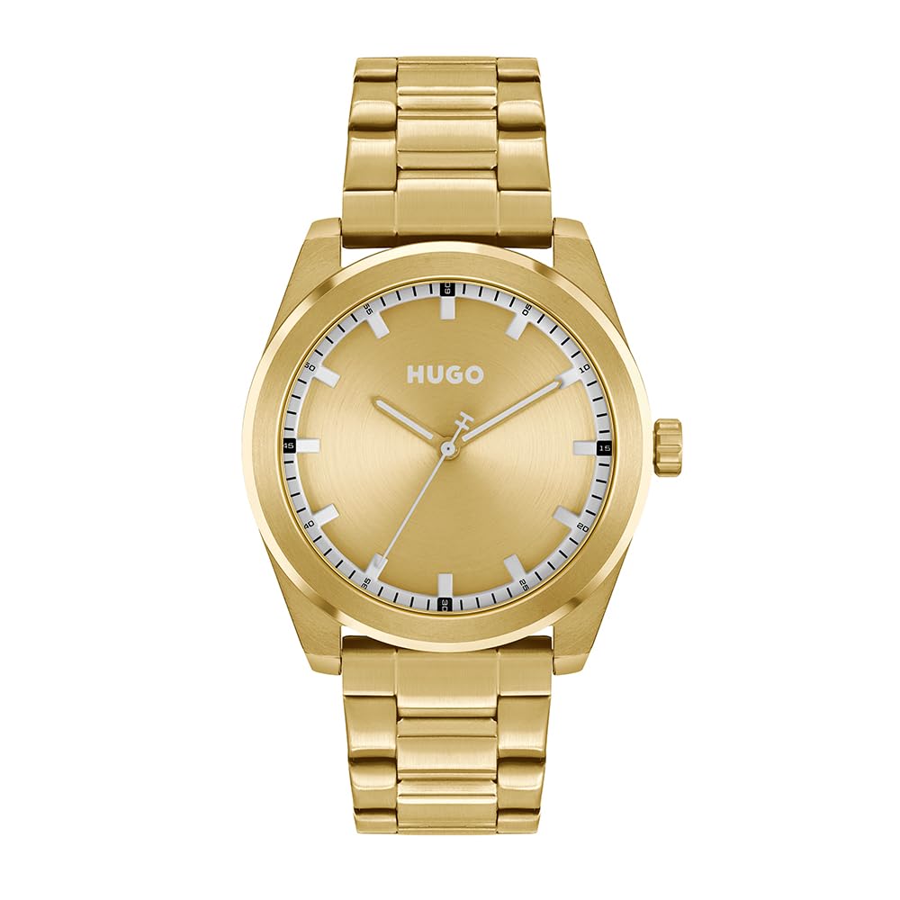 HUGO Analogue Quartz Watch for Men #Bright Collection with Gold Colored Stainless Steel Bracelet - 1530354