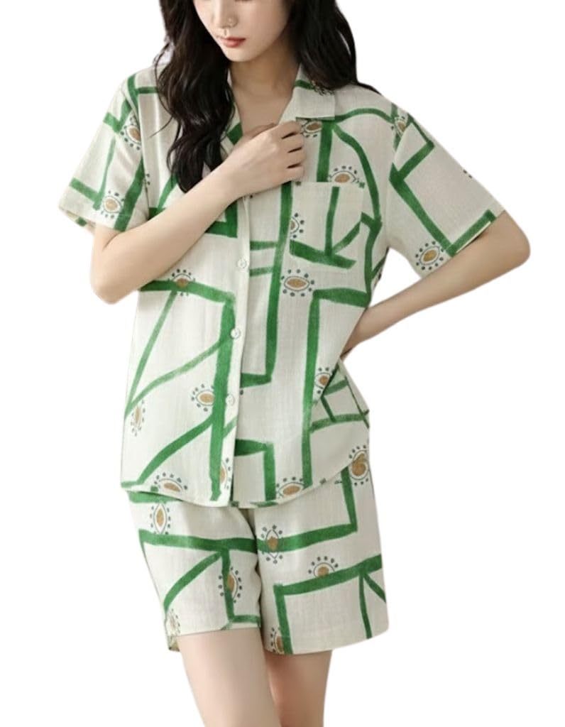 smowkly Women's Casual Printed Cotton 2 Piece Pajama Set || Button Down Shirt & Shorts Matching Combo || Cute Pjs Sets for Beach Sleepwear Loungewear-picture-59