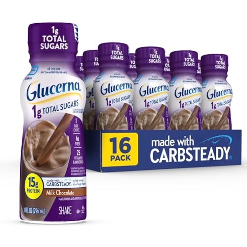 Glucerna 1g Total Sugars Chocolate Diabetes Care Shake Diabetic Drink to Support Blood Sugar Management 15g Protein 180 Calories Ready to Drink 10-fl-oz Bottle 16 Pack