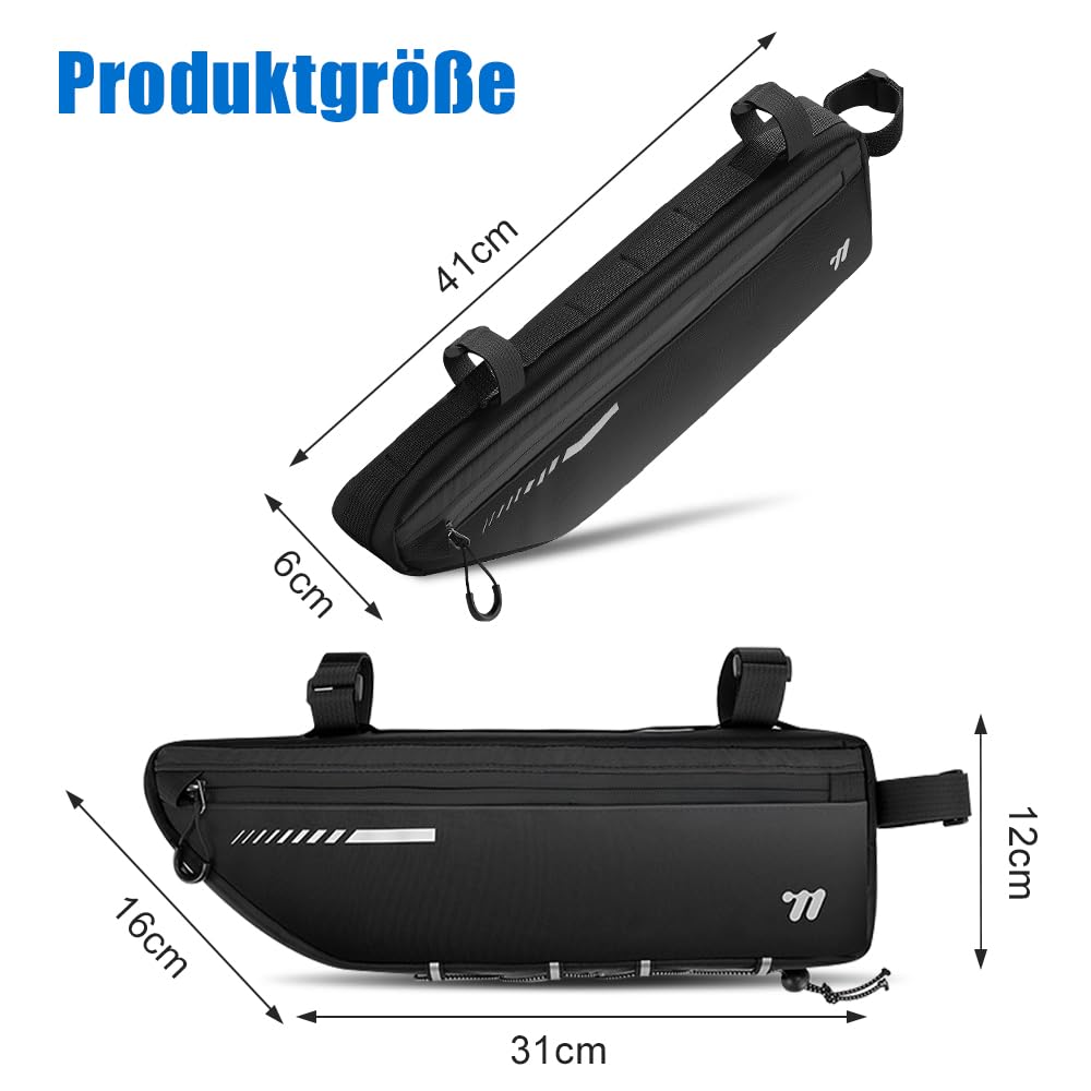 Oberrohr Fahrradtasche - 2,6L Rahmen Fahrradtasche mit Wasserdichtem Reißverschluss, Top Tube Bike Bag, Robuste Fahrradzubehörtasche für MTB Rennrad Gravelbike (Ganz Schwarz)