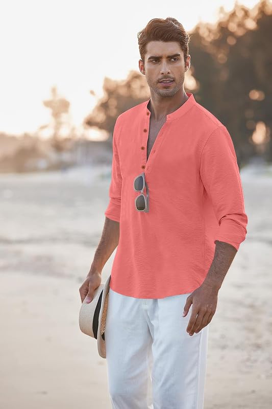 Image of Macsivo Men's Cotton Blend Henley Short Kurta with Mandarin Collar Long Sleeeve Button Closure Curved Hem Regular Fit | Kurta for Men Stylish