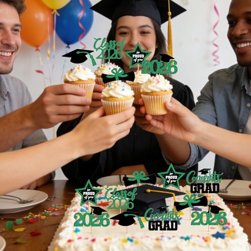 Image of 48 PCS Grad Cupcake Toppers, Glittery Congrats Graduation Cake Topper, 6 Styles Graduation Decorations, Black and Green Cap and Diploma Cake Picks for Class of 2026 Grad Party Decorations Supplies