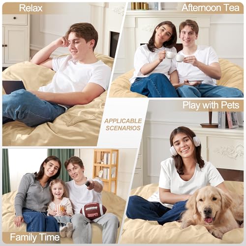 Homguava 4 FT Bean Bag Chair: 4' Bean Bags with Memory Foam Filled, Large Beanbag Chairs Soft Sofa with Dutch Velvet Cover-Khaki