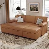 COPIAE 80 inch Convertible Sectional Sofa, L-Shaped Sofa Sleeper with Reversible Chaise, Faux Leather Couch Bed with Storage,Removable Armrest,Modern Pull Out Bed for Living Room Bedroom,Brown