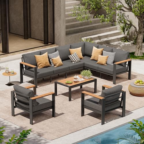 Image of Aluminum Outdoor Patio Furniture Set, 8 Seats Patio Conversation Sets, Oversized Outdoor Sectional with Washable Thick Cushions & Coffee Table for Backyard, Garden and Poolside, Graphite
