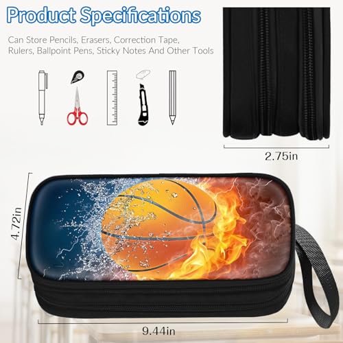 Image of TILYTADLY Large Pencil Case for Boys - Basketball Boys Pencil Pouch with Zipper Compartments - Big Capacity Pen Box Pen Bag Organizer with Keychain for Kids Teens School