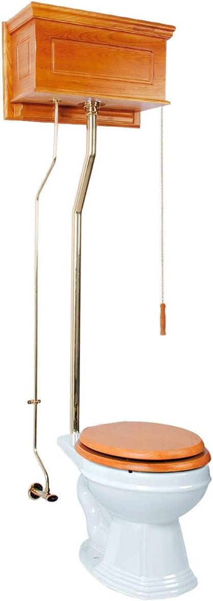 Renovators Supply Manufacturing High Tank Pull Chain Toilet With Light Oak Wooden Raised High Tank 70 In. To 74 In. Adjustable Height Brass L Pipe And Round Toilet Bowl