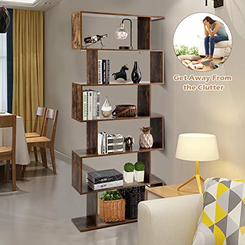 Tangkula 6 Shelf Bookcase, Modern S-Shaped Z-Shelf Style Bookshelf, Multifunctional Wooden Storage Display Stand Shelf For Living Room, Home Office, Bedroom, Bookcase Storage Shelf (Coffee) #TOP3