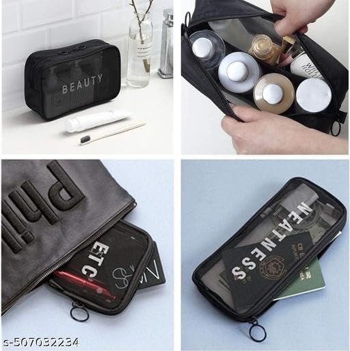 (ONLY POUCHES) Travel Nylon Mesh Makeup Bags Set 3 Pieces See Through Zipper Pouch Travel Cosmetic And Toiletry Kit Organizer Bag 3 Pack Of S M L 3-in-1-mkup-nvyblu-09-14 SB-P9291 1