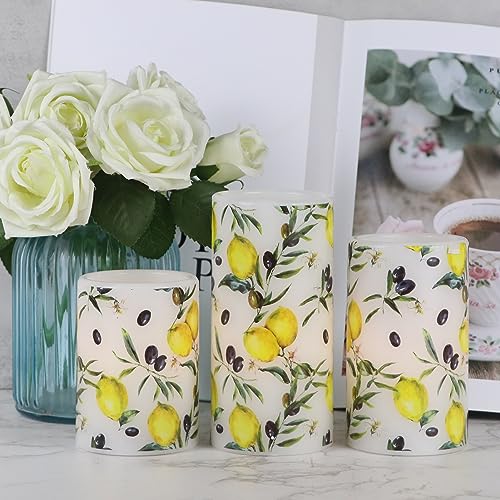 Image of Flameless Pillar Wax Candles with 6 Hour Timer Battery Operated 3 Packs Lemon Decals LED Flickering Candles Yellow Light Holiday Wedding Spring Home Decoration Candle(3 x 4, 5, 6 Inches)