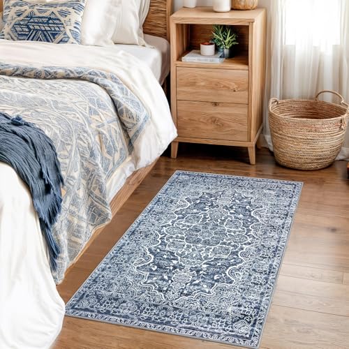 KUTA Vintage Small Area Rug 2x3 Blue White Washable Entryway Rugs Non-Slip Ultra Soft Modern Floral Doormat Printed Retro Distressed Accent Carpet Farmhouse Kitchen Throw